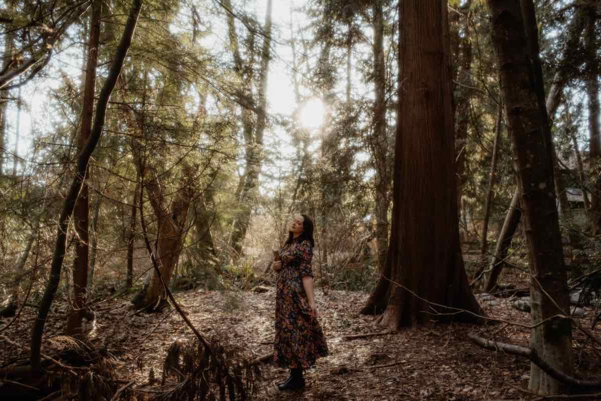 Shakira standing beside a great cedar in a sunlit forest